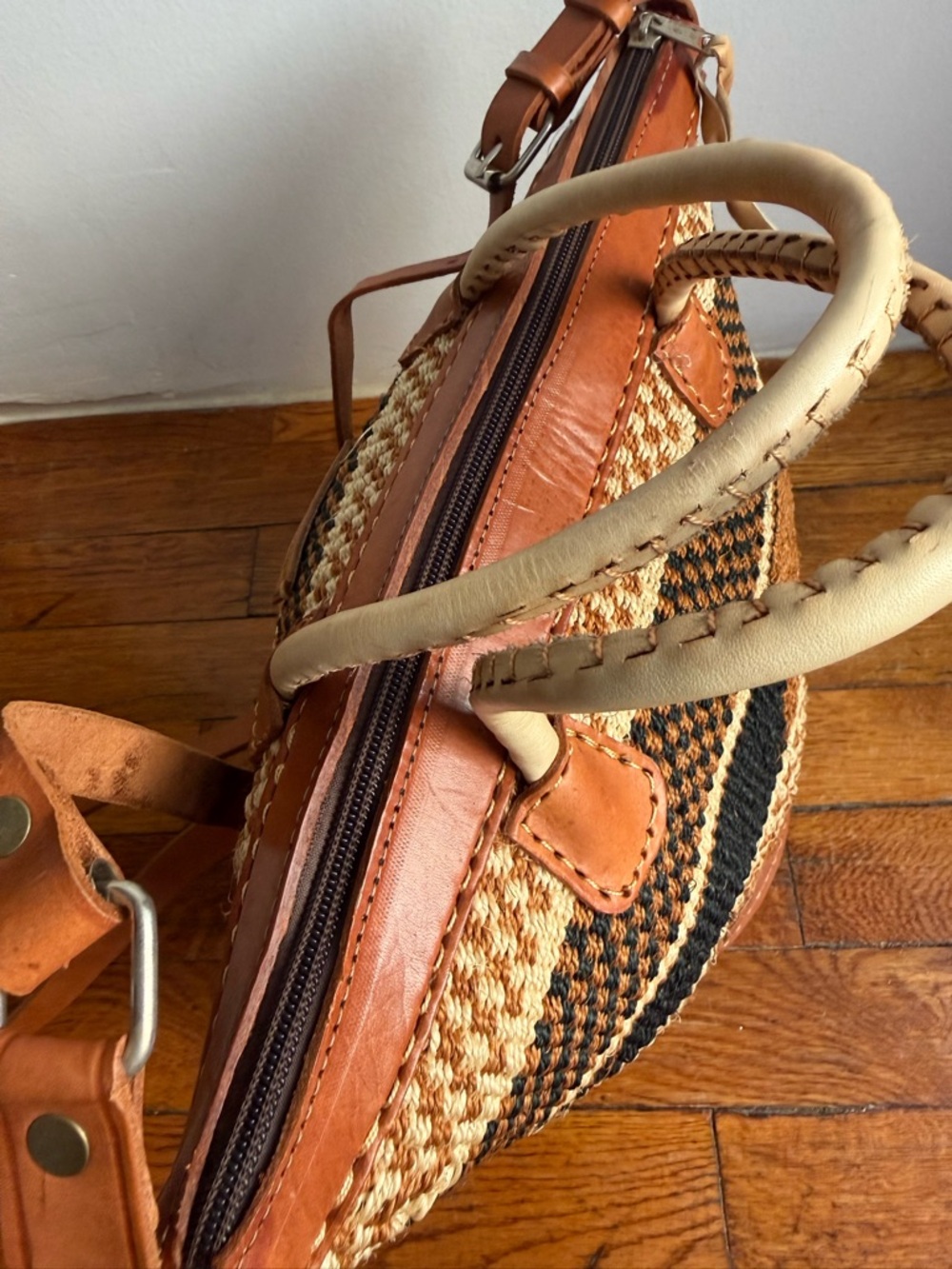 Handwoven Brown African Sisal Tote Bag Kenyan Basket Bag Leather Trim Large - Picture 7 of 11